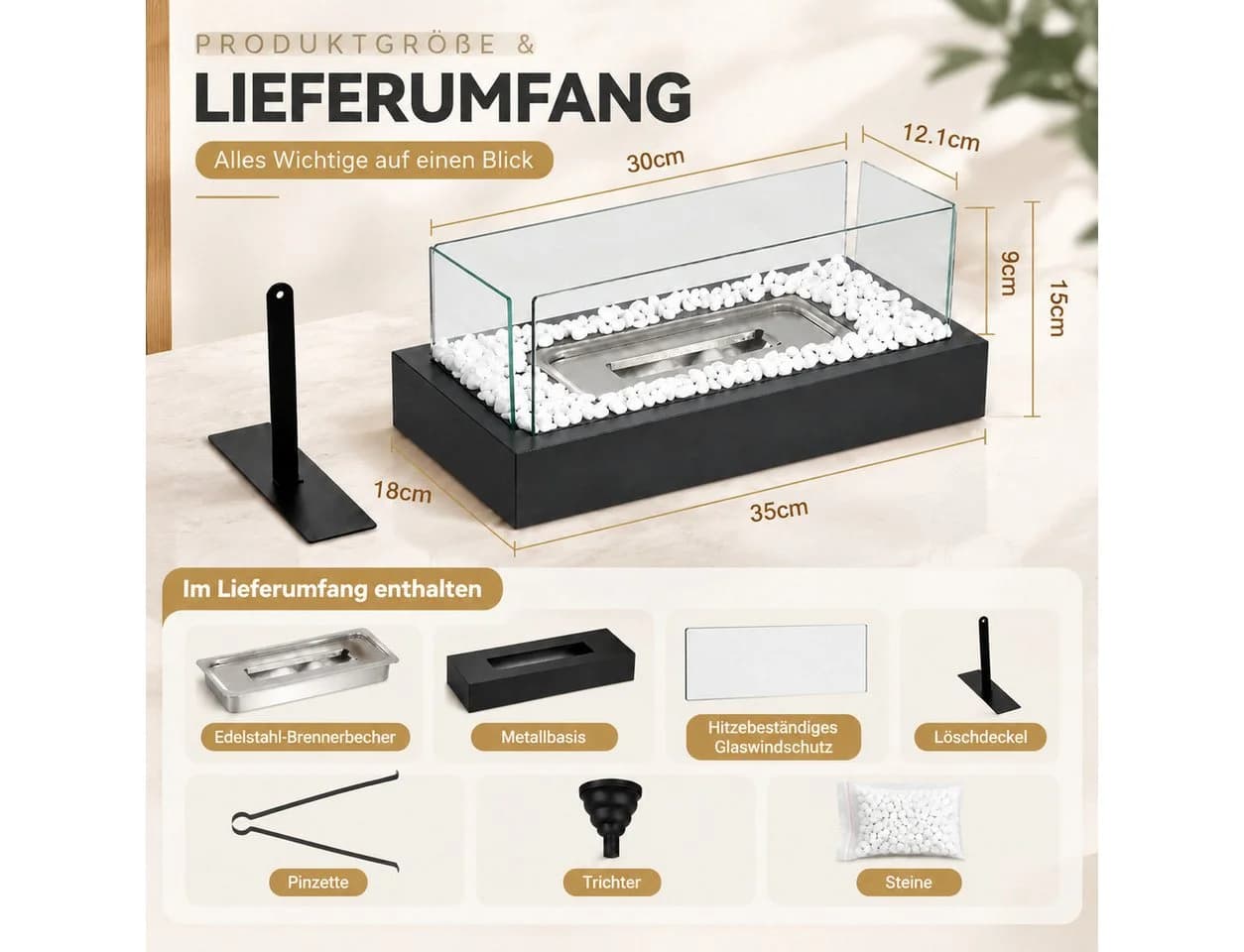 Ledklang Ethanol Tischkamin Schwarz Eckig Dekokamin