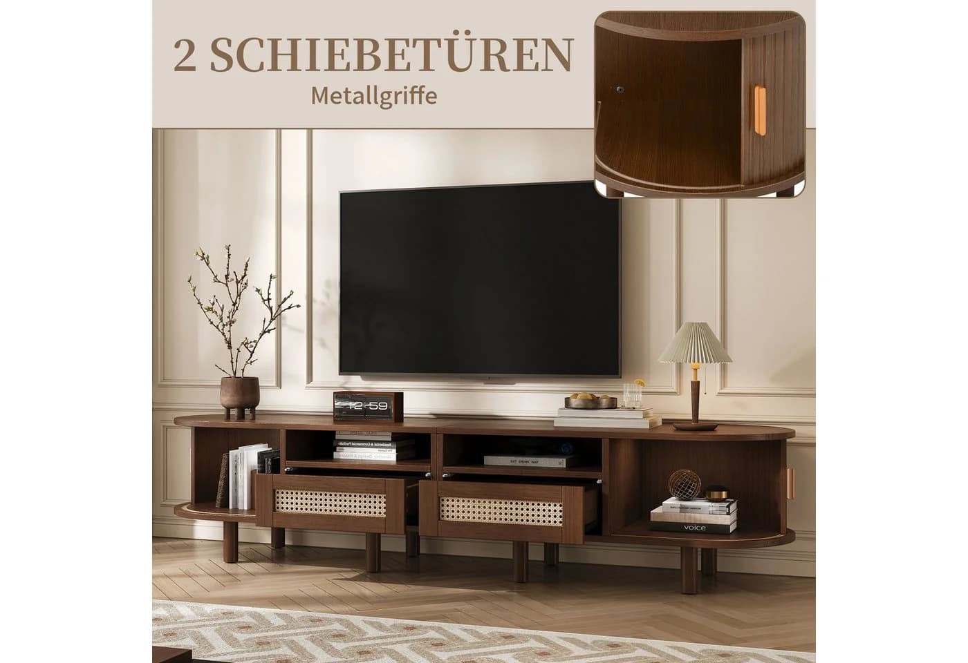 SeedWave Lowboard Oval TV Schrank 2 Schiebetüren Rattanfront - Bild 3