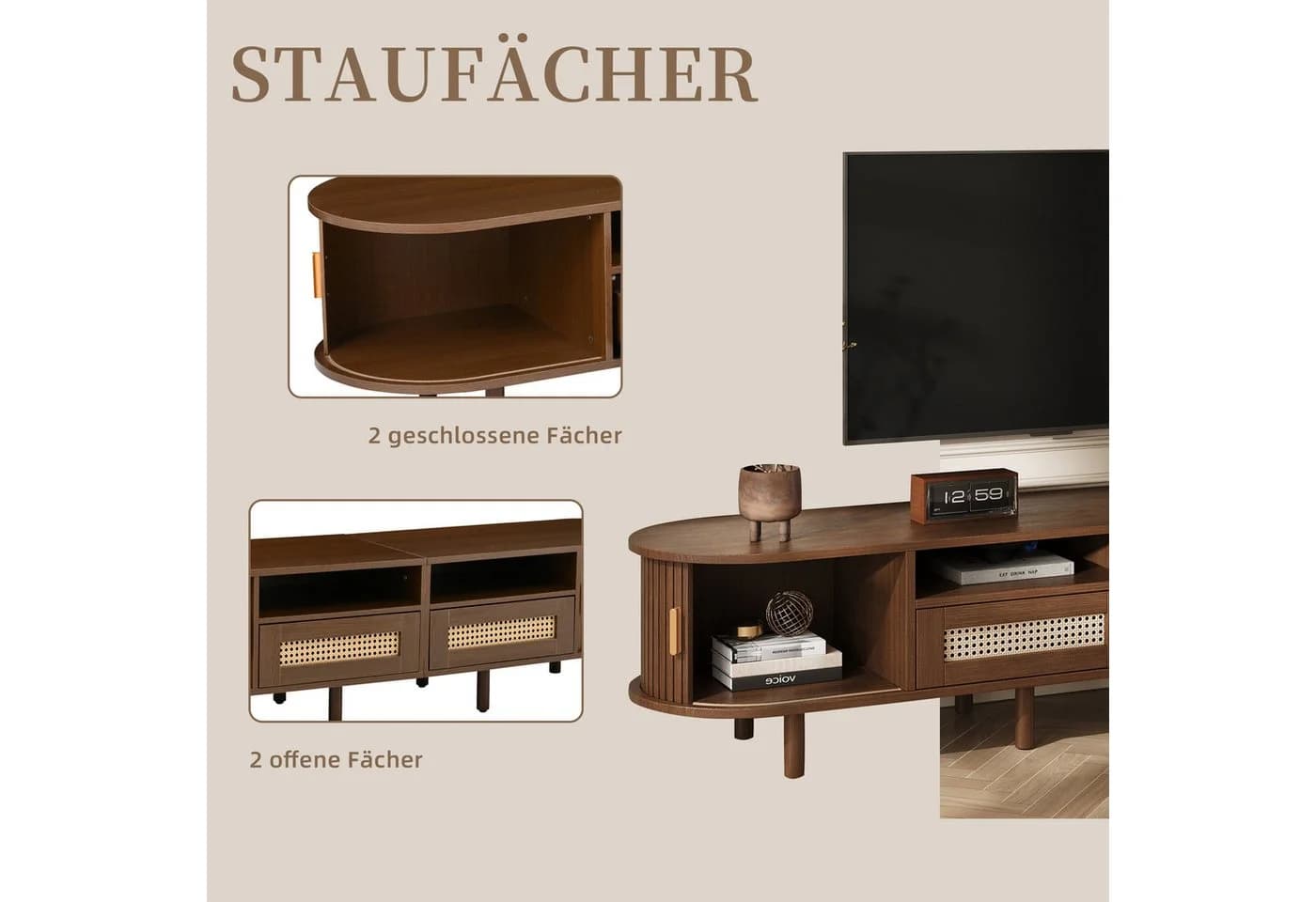 SeedWave Lowboard Oval TV Schrank 2 Schiebetüren Rattanfront - Bild 4