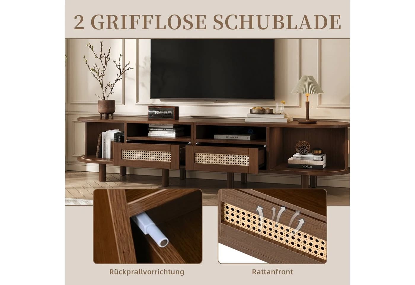 SeedWave Lowboard Oval TV Schrank 2 Schiebetüren Rattanfront - Bild 5