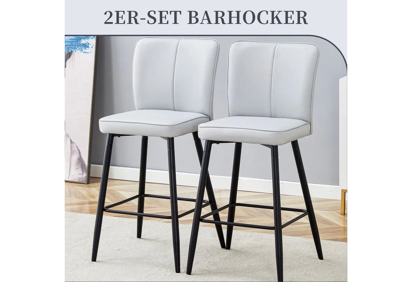 SeedWave Barhocker 2er Set mit PU-Leder, Geschwungener Rückenlehne, Grau/Schwarz