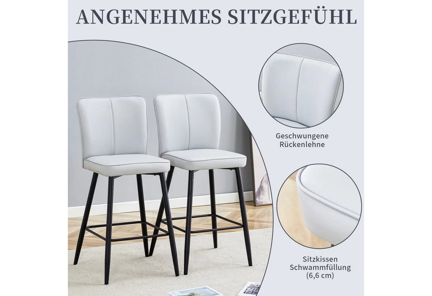SeedWave Barhocker 2er Set mit PU-Leder, Geschwungener Rückenlehne, Grau/Schwarz - Bild 4
