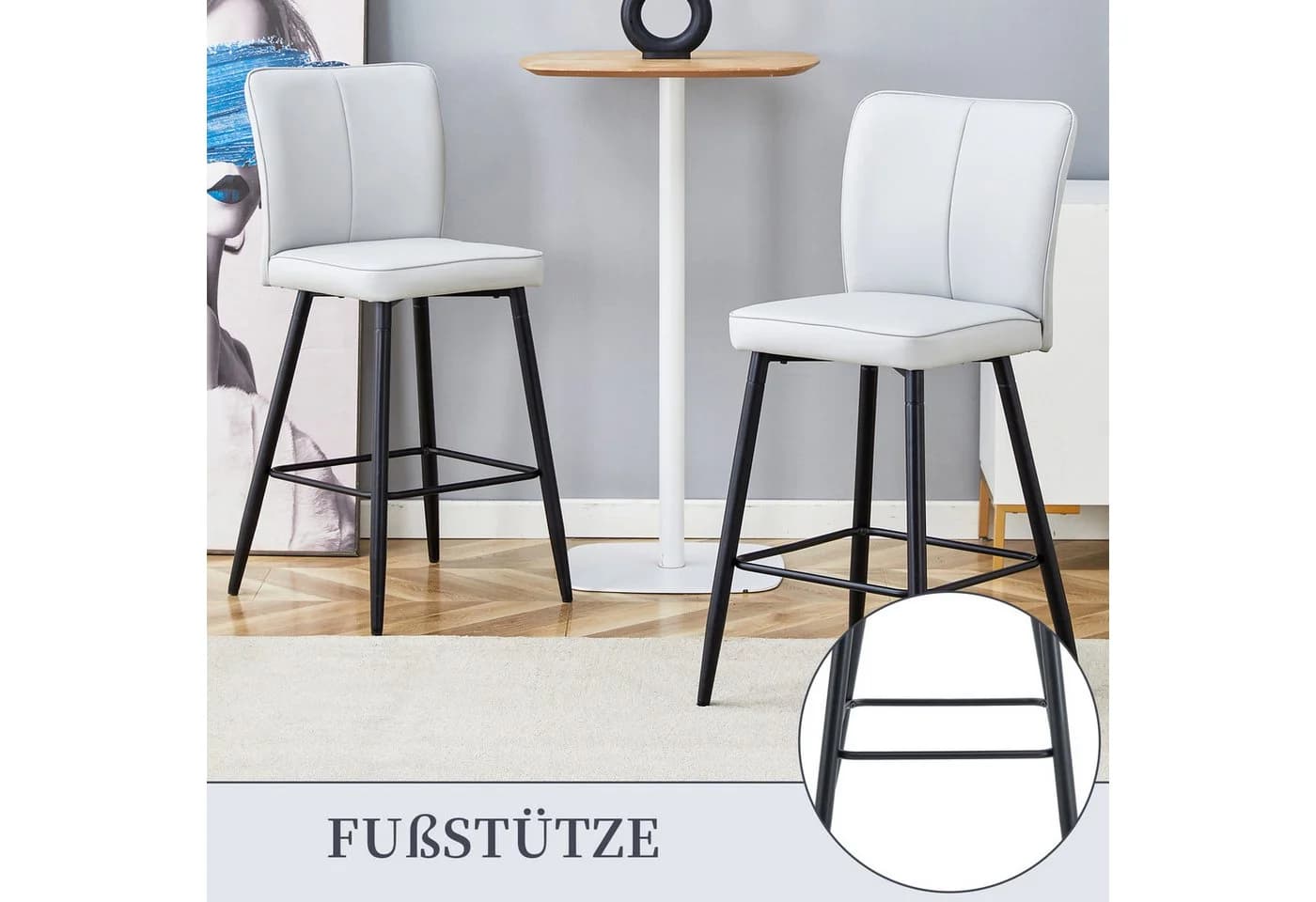 SeedWave Barhocker 2er Set mit PU-Leder, Geschwungener Rückenlehne, Grau/Schwarz - Bild 5
