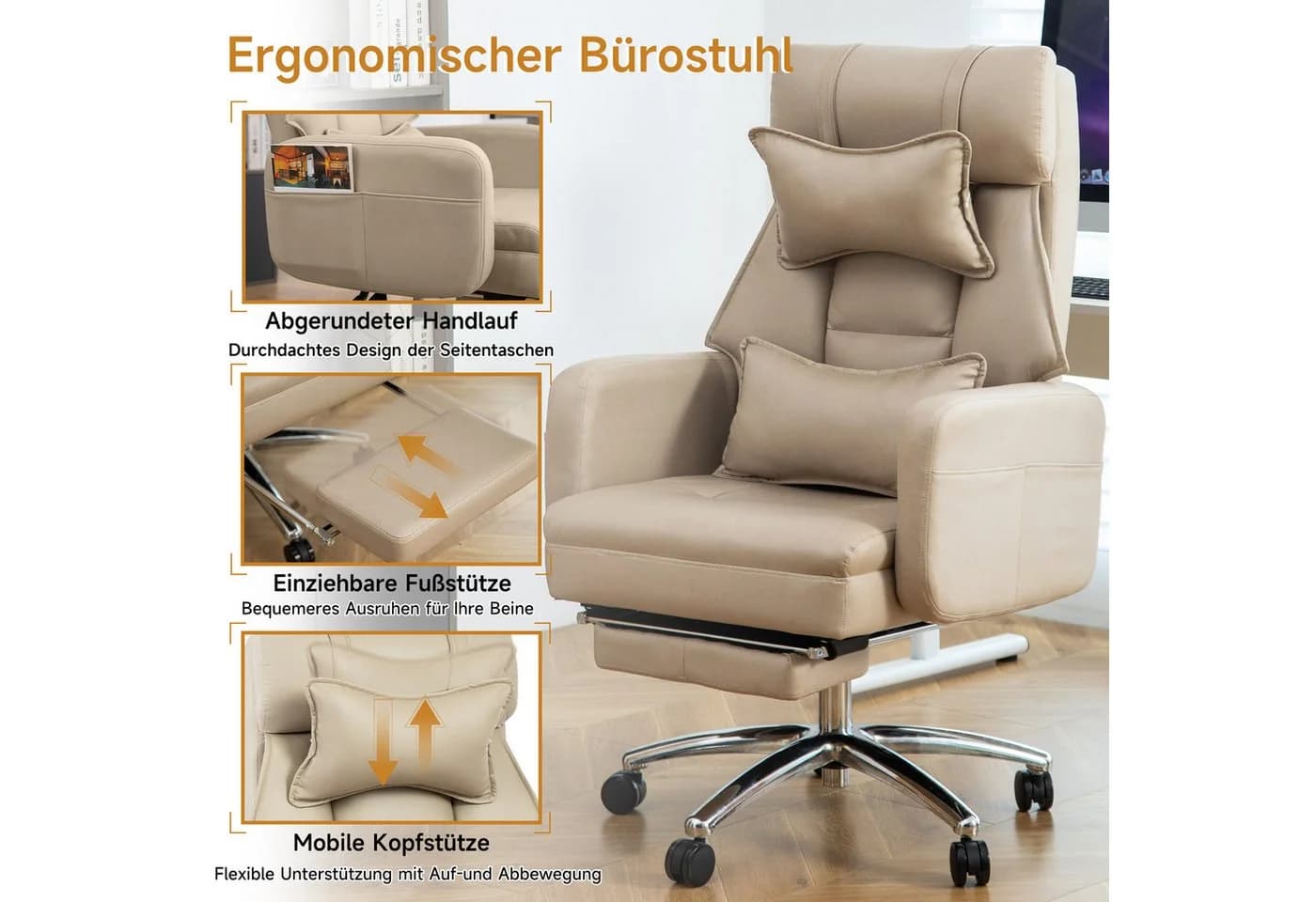 SeedWave Bürostuhl XXL Chefsessel Beige mit Fußstütze - Bild 3