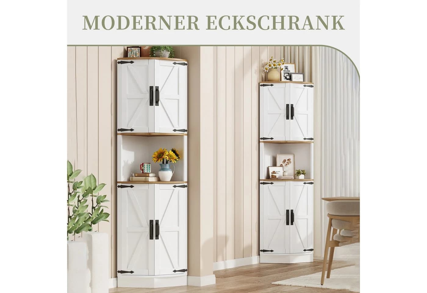 SeedWave Eckschrank Hochschrank 4 Türen Weiß MDF Metallgriffe