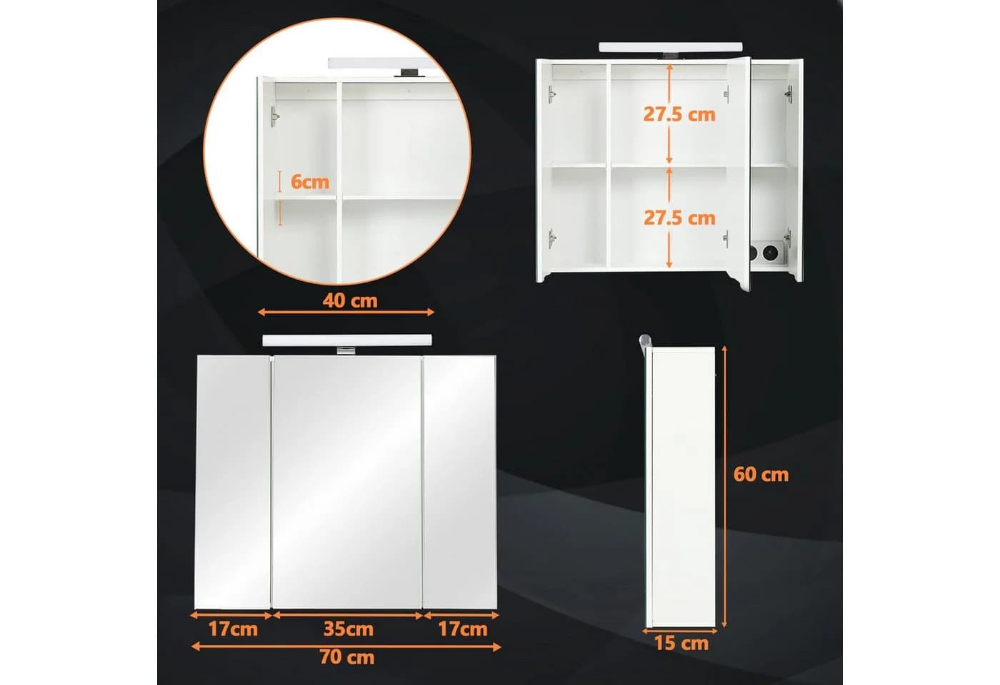 MSMASK Badezimmerspiegelschrank mit LED Beleuchtung, Steckdose und Lichtschalter 70x15x60cm