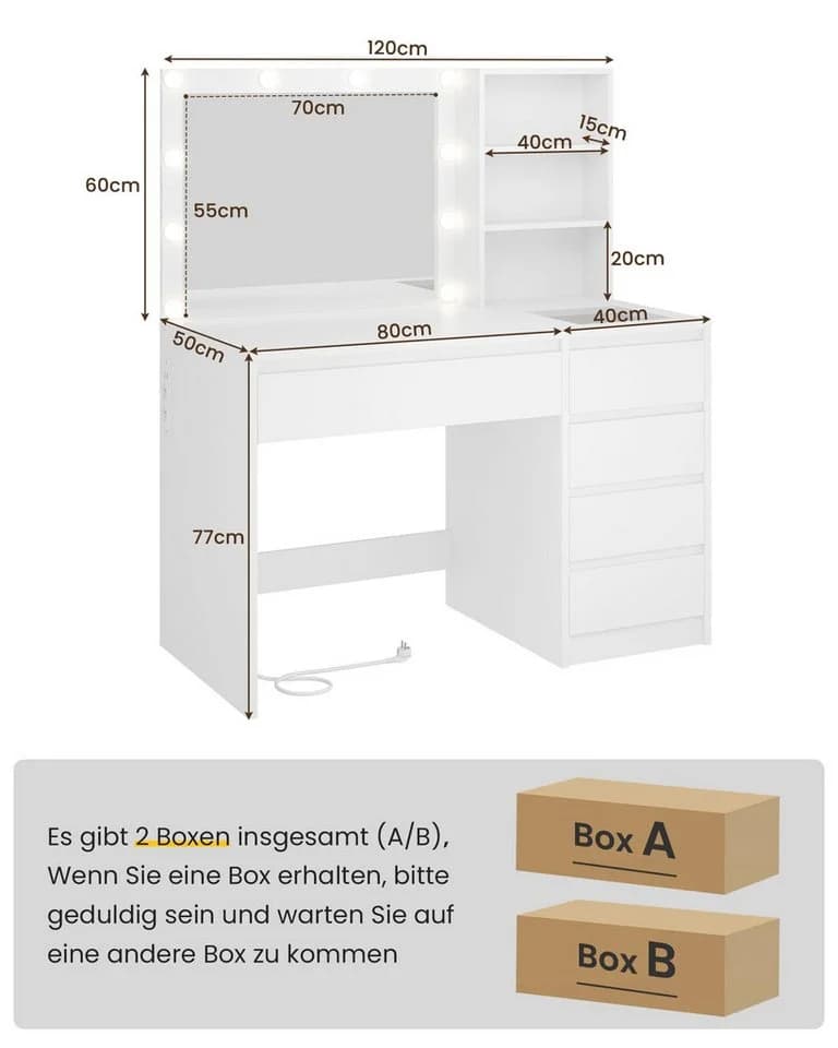 MSMASK Schminktisch Kosmetiktisch Frisiertisch 5 Schubladen Beleuchtung Weiß - Bild 3