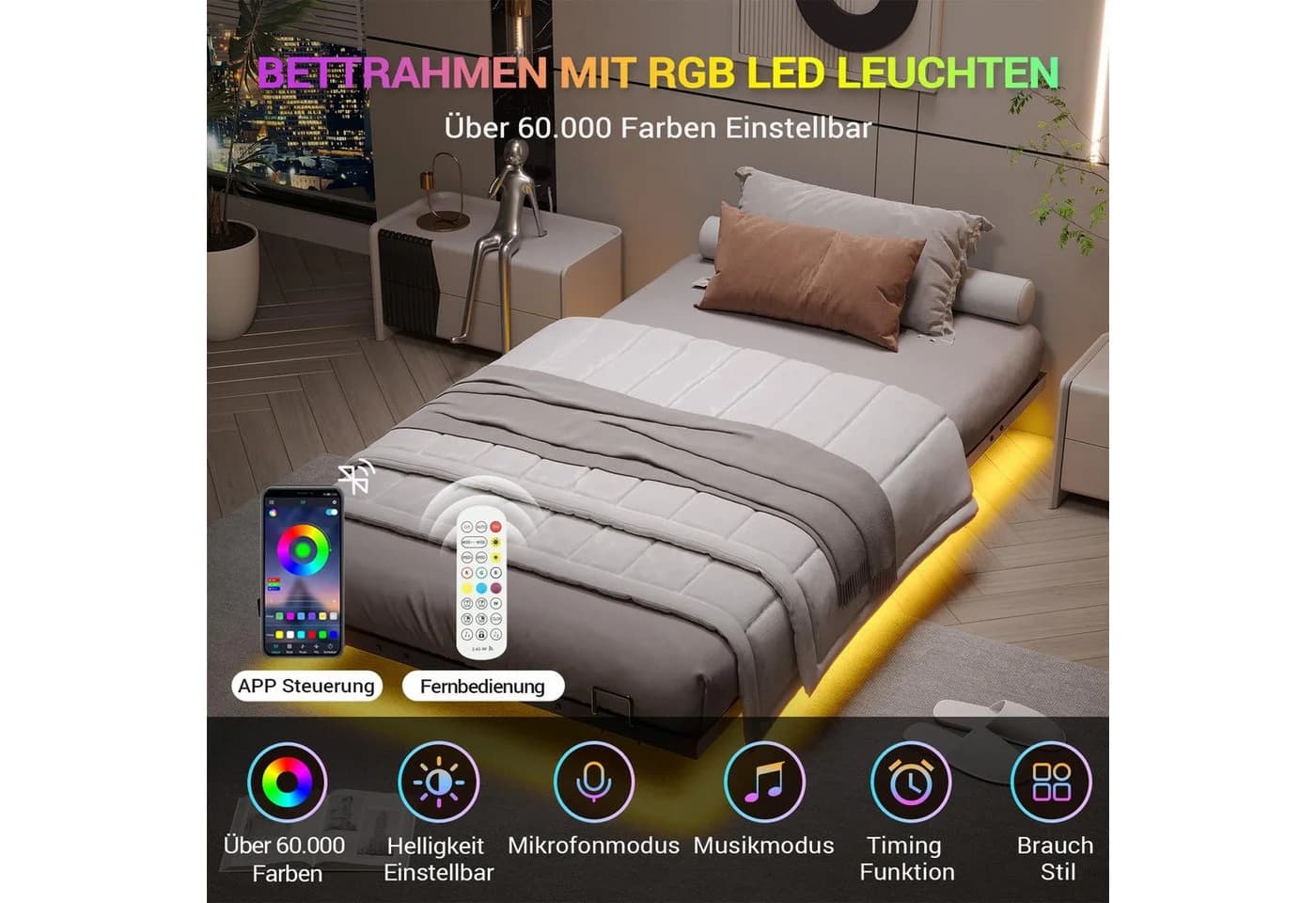 MSMASK Metallbett Schwebebett Bettgestell mit LED-Beleuchtung Schwarz - Bild 3