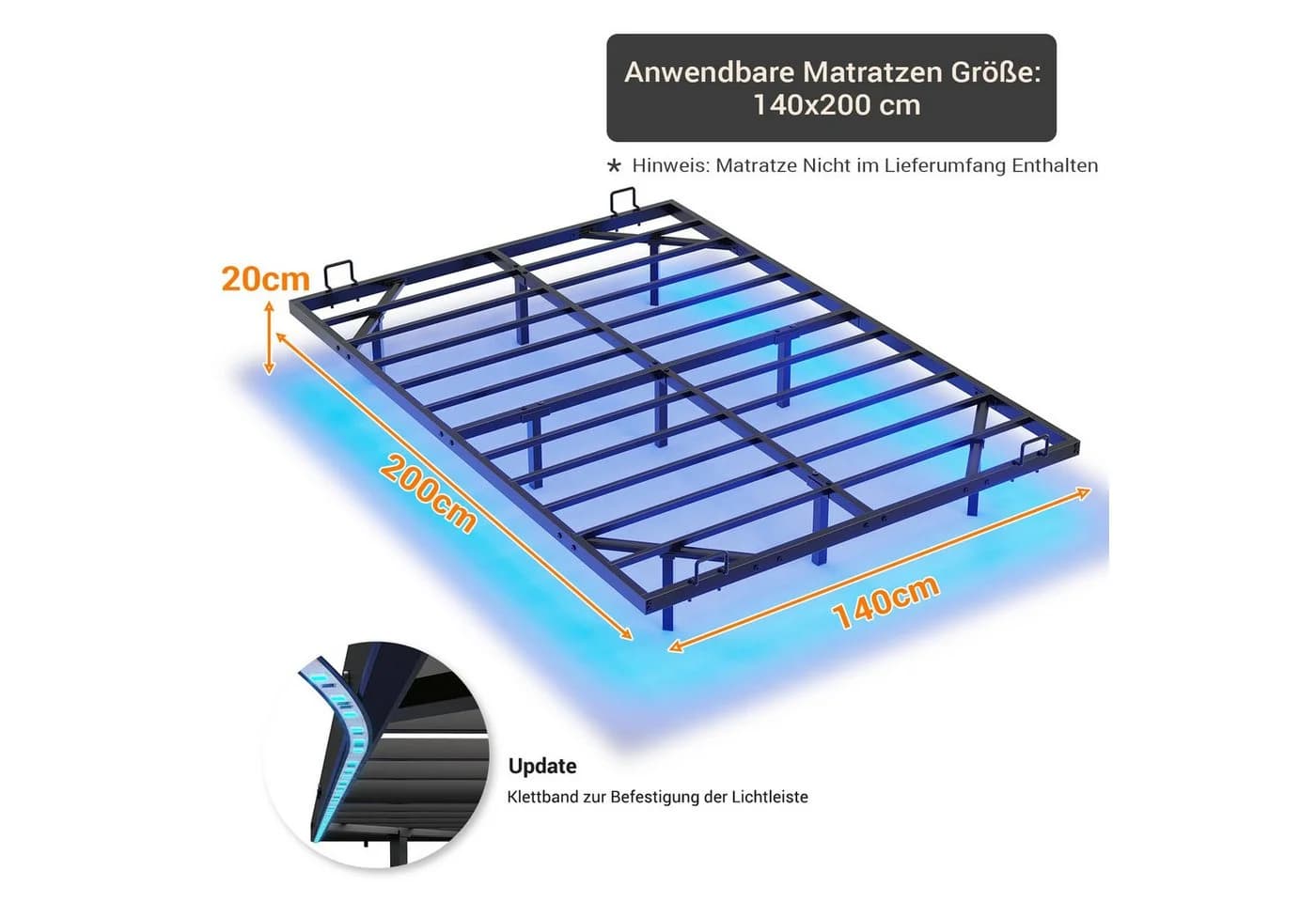 MSMASK Metallbett Schwebebett Bettgestell mit LED-Beleuchtung Schwarz 140x200cm