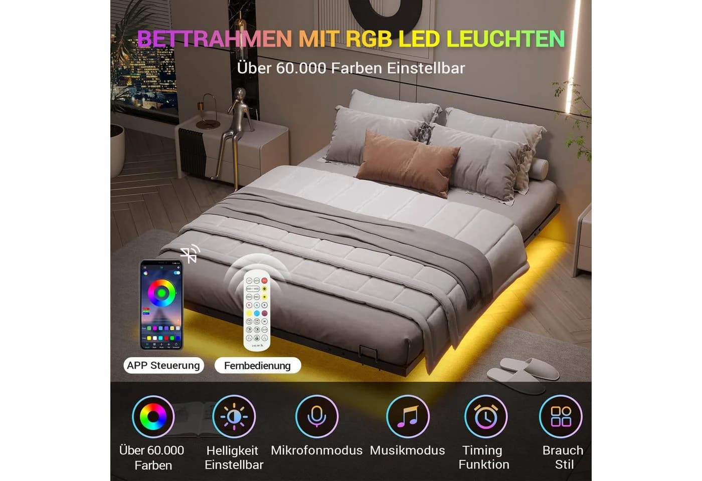 MSMASK Metallbett Schwebebett Bettgestell mit LED-Beleuchtung Schwarz 140x200cm - Bild 3