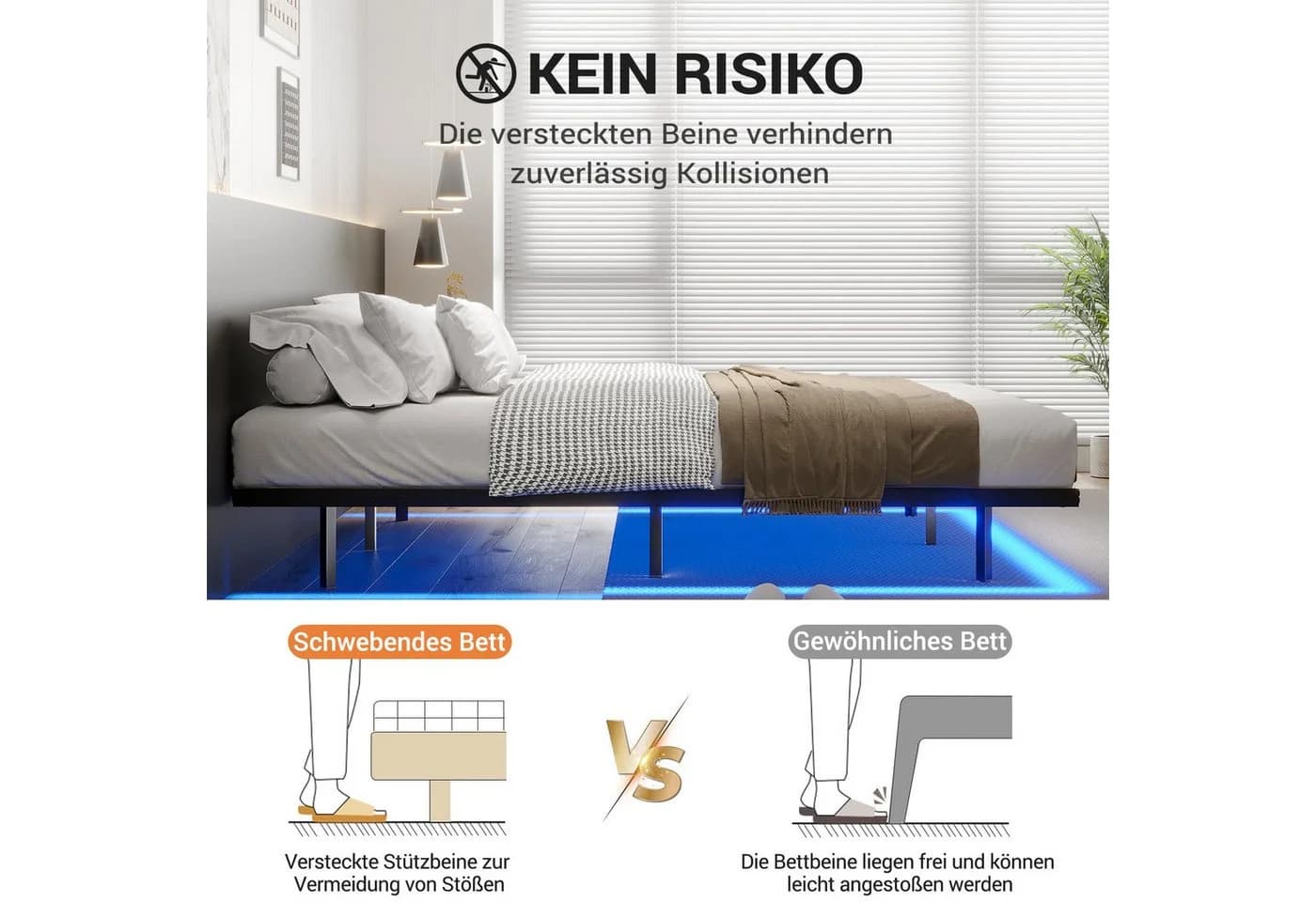 MSMASK Metallbett Schwebebett Bettgestell mit LED-Beleuchtung Schwarz 140x200cm - Bild 5