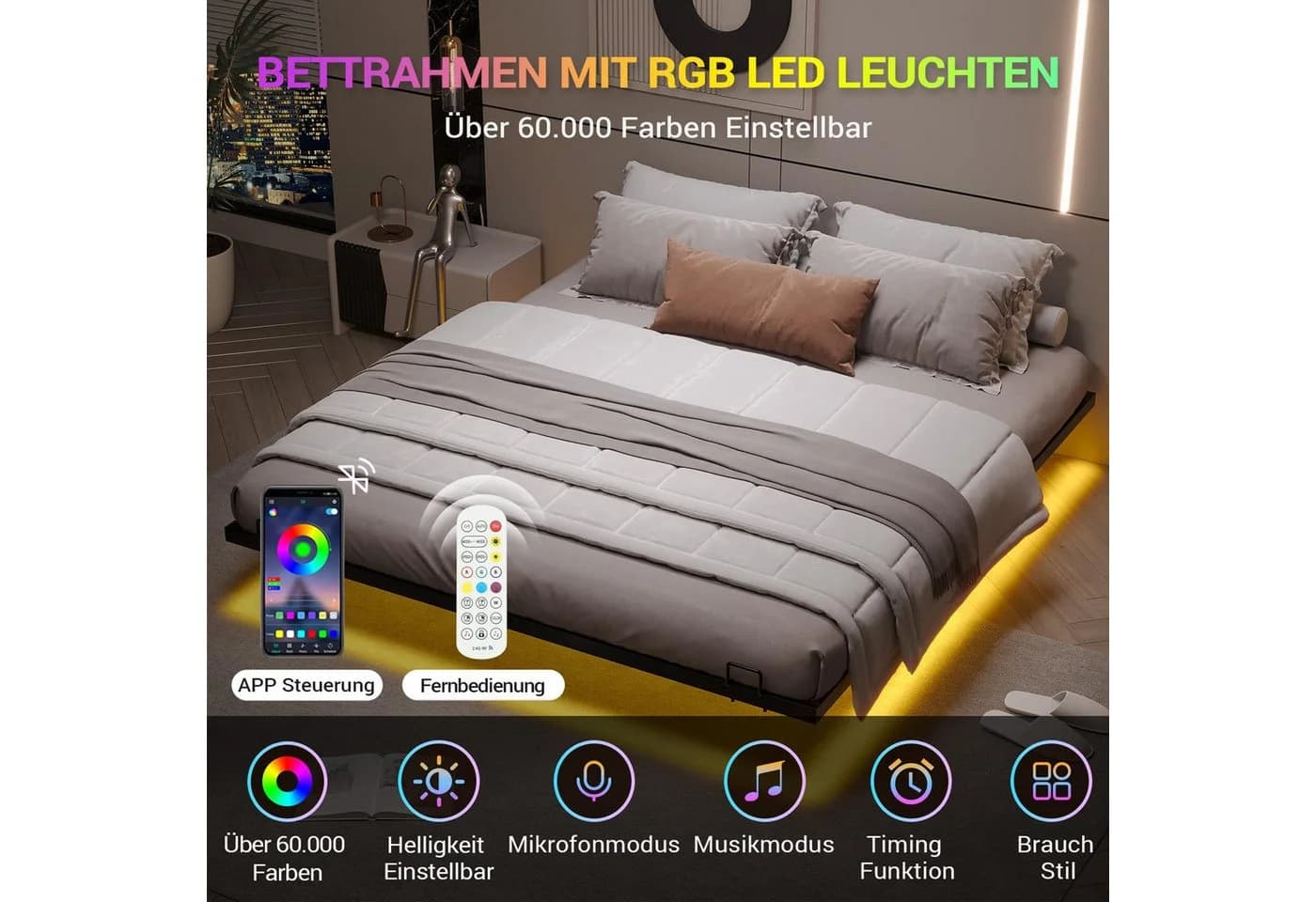 MSMASK Metallbett Schwebebett Bettgestell mit LED-Beleuchtung, 180x200cm - Bild 3