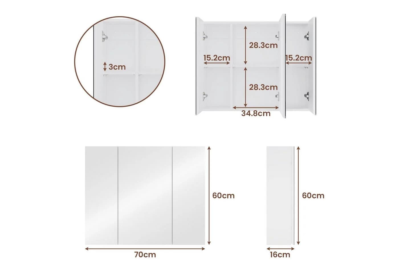 MSMASK Spiegelschrank Badschrank mit Spiegel und Verstellbarem Regal, Weiß