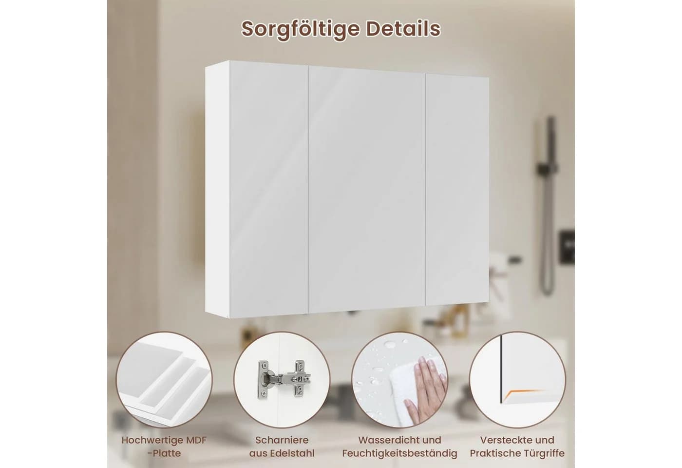 MSMASK Spiegelschrank Badschrank mit Spiegel und Verstellbarem Regal, Weiß - Bild 4
