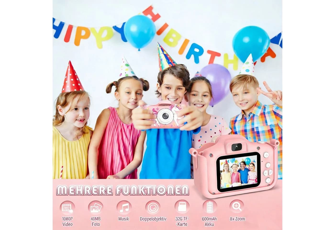 Kityhome Spielzeug-Kamera Kinderkamera 2" Display 1080P Selfie Digitalkamera mit 32GB SD-Karte Rosa - Bild 3