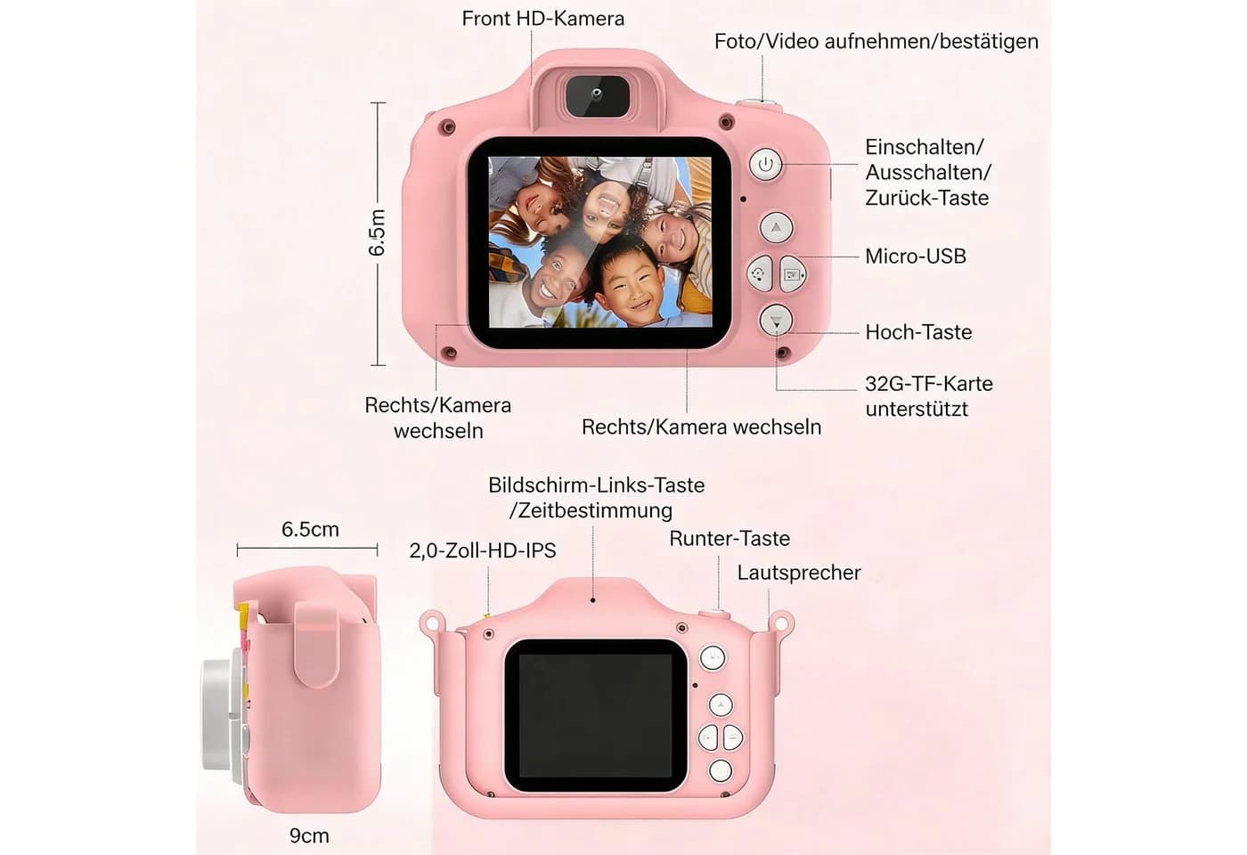 Kityhome Spielzeug-Kamera Kinderkamera 2" Display 1080P Selfie Digitalkamera mit 32GB SD-Karte Rosa - Bild 5
