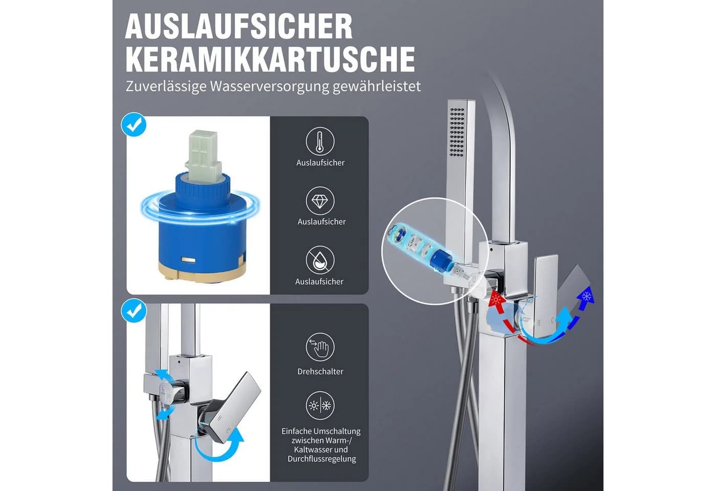 HOMELODY Freistehende Wannenarmatur mit Wasserfall & Handbrause Chrom - Bild 3
