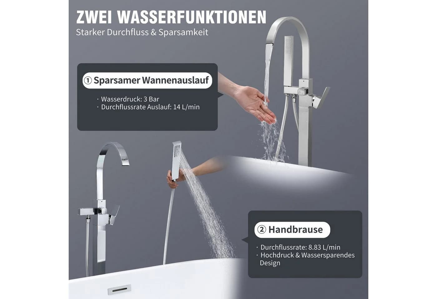 HOMELODY Freistehende Wannenarmatur mit Wasserfall & Handbrause Chrom - Bild 4