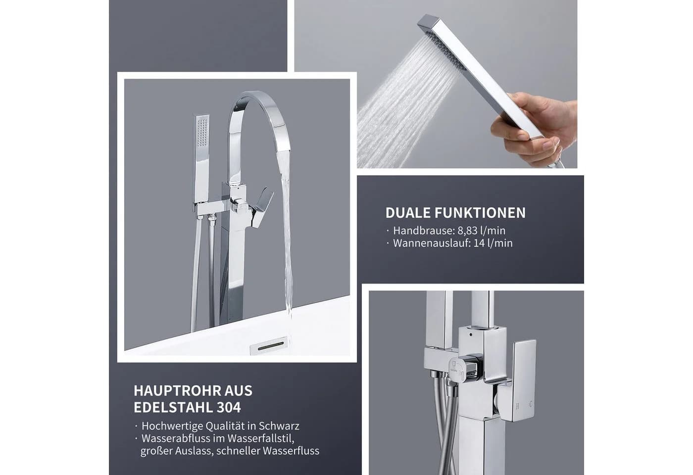 HOMELODY Freistehende Wannenarmatur mit Wasserfall & Handbrause Chrom - Bild 5