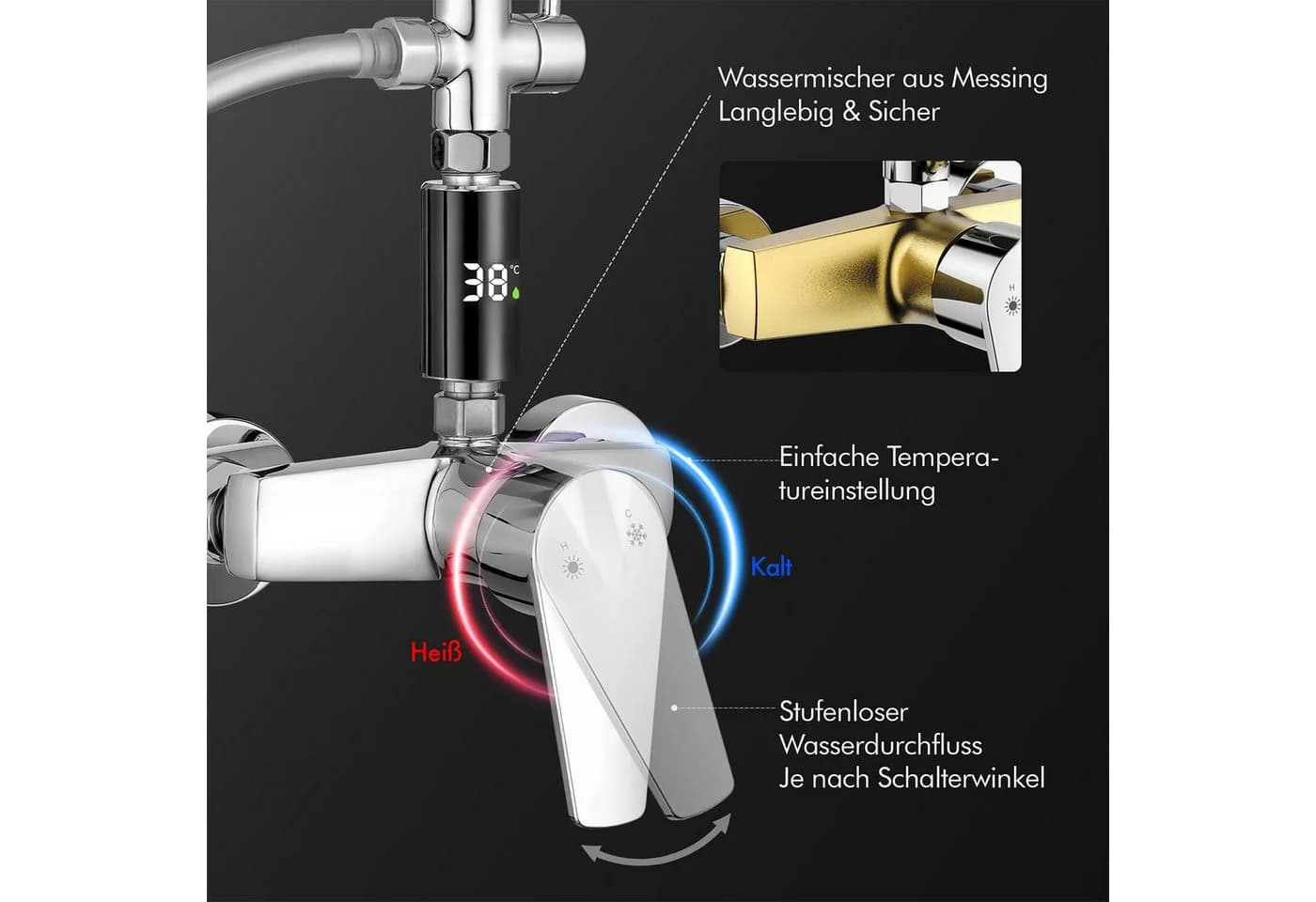 HOMELODY Duschsystem mit LED Anzeige 10 Zoll Regendusche Chrom - Bild 4