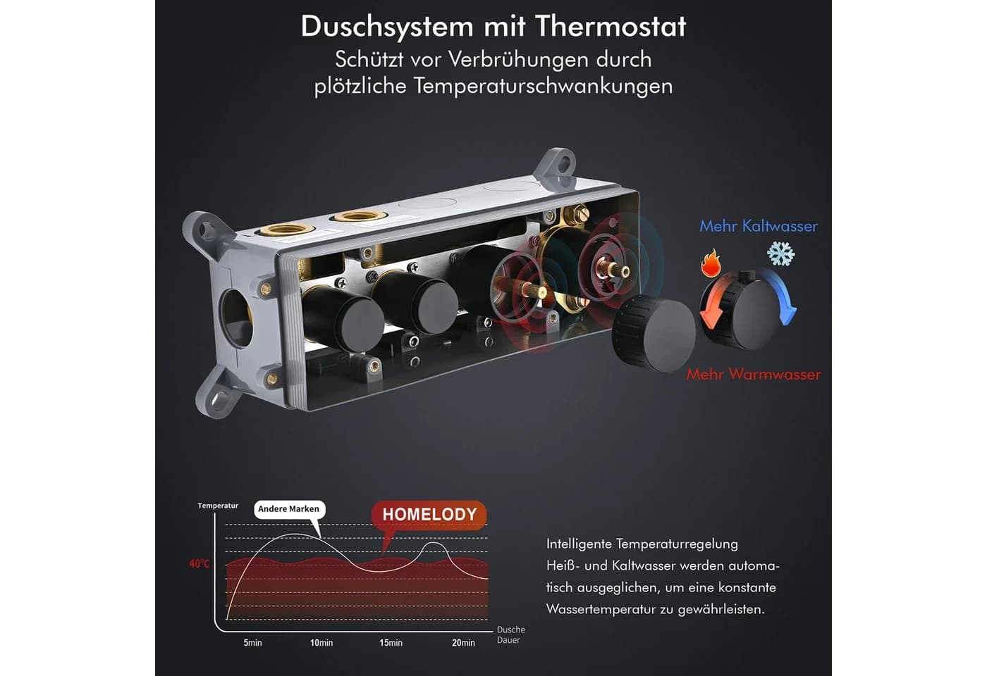 HOMELODY Duschsystem Unterputz Thermostat Schwarz 12 Zoll Regendusche Edelstahl