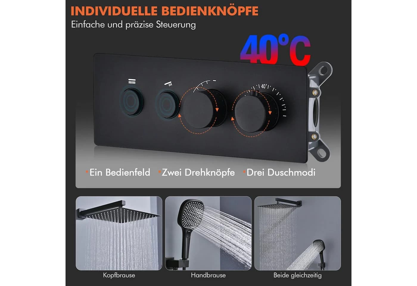 HOMELODY Duschsystem Unterputz Thermostat Schwarz 12 Zoll Regendusche Edelstahl - Bild 3