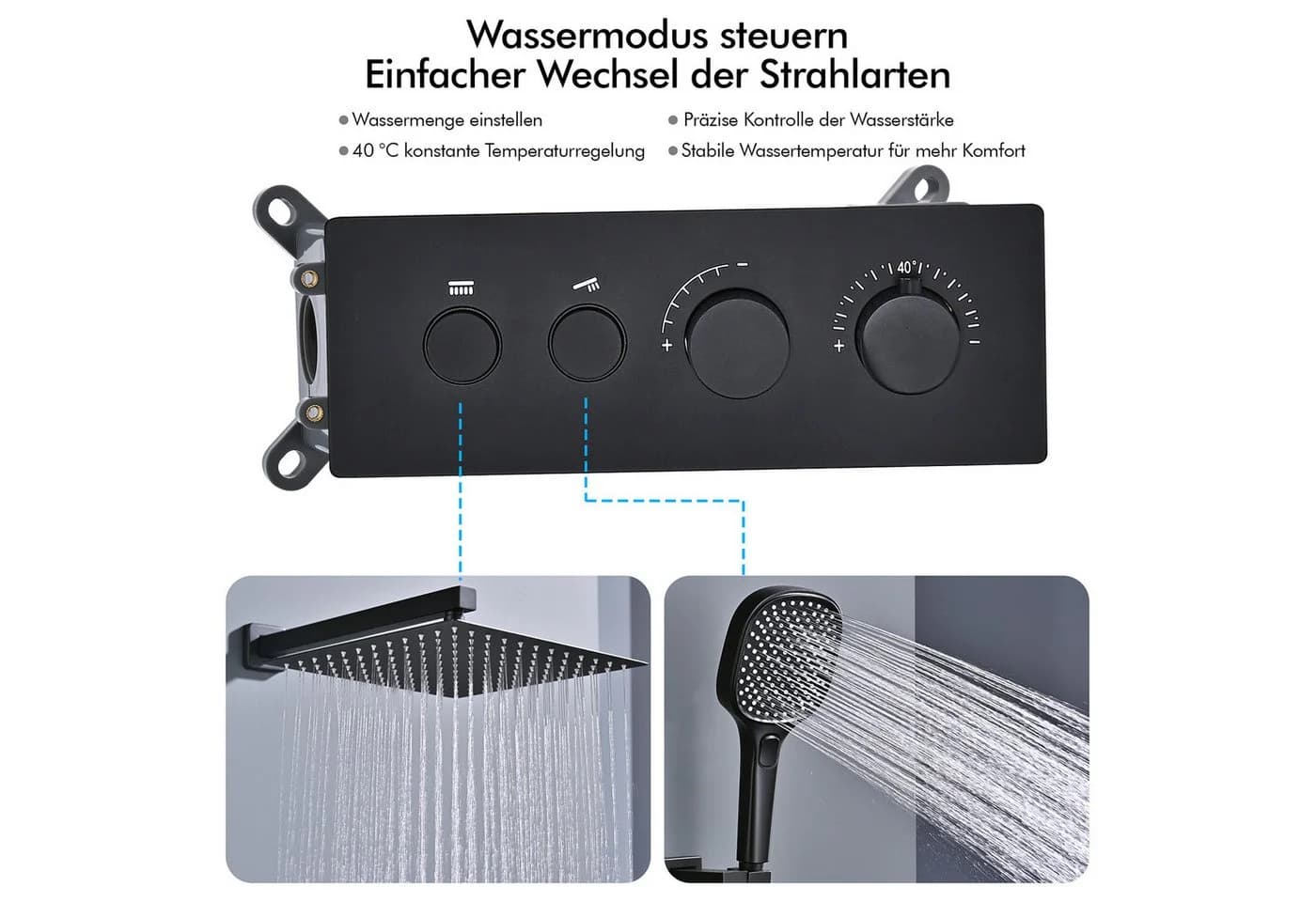 HOMELODY Duschsystem Unterputz Thermostat Schwarz 12 Zoll Regendusche Edelstahl - Bild 5