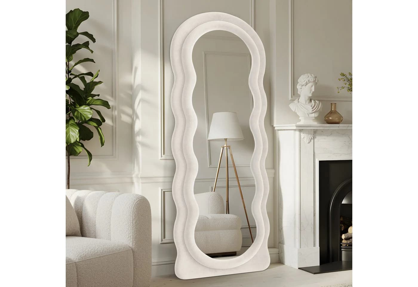 LUNAMIRROR Ganzkörperspiegel Weiß Beige Samtbezug Holzrahmen