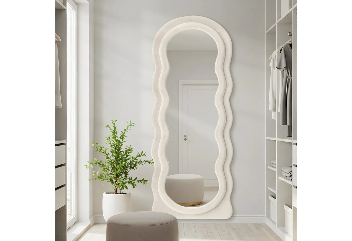 LUNAMIRROR Ganzkörperspiegel Weiß Beige Samtbezug Holzrahmen - Bild 3