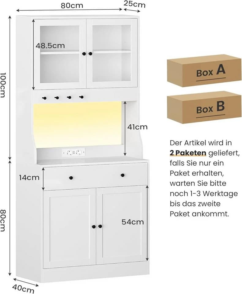 MSMASK Küchenbuffet Küchenschrank Hochschrank mit Schublade und LED Weiß