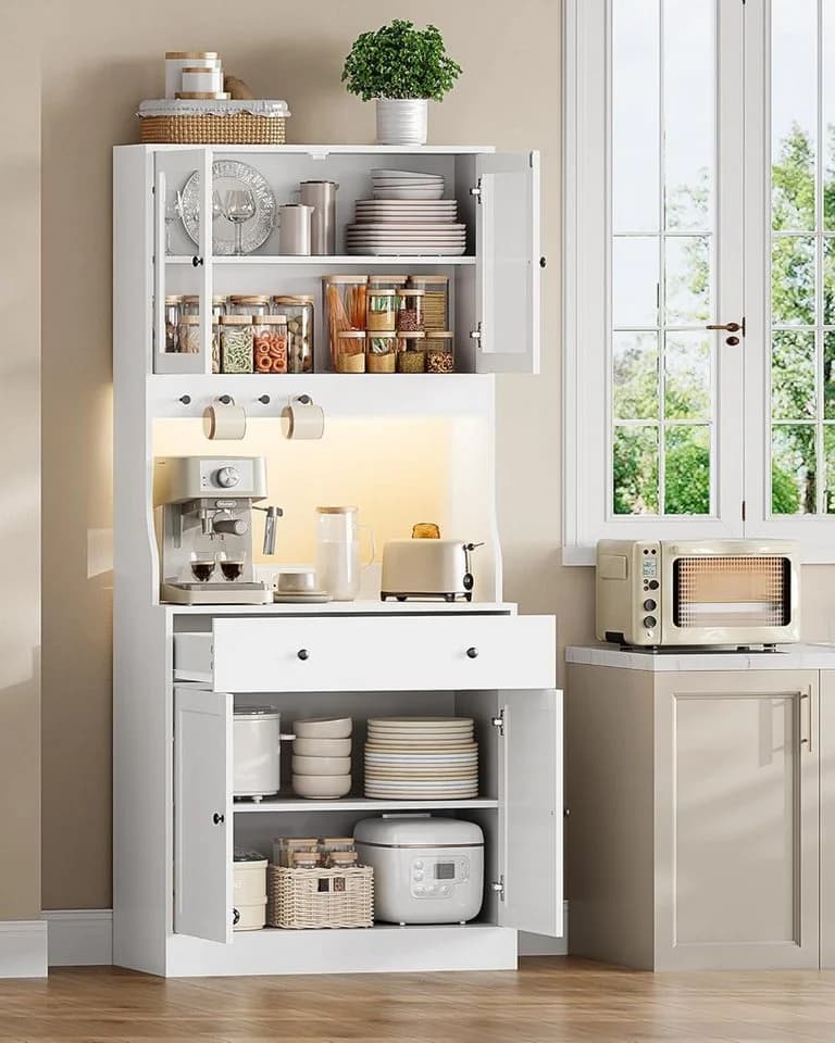 MSMASK Küchenbuffet Küchenschrank Hochschrank mit Schublade und LED Weiß - Bild 3