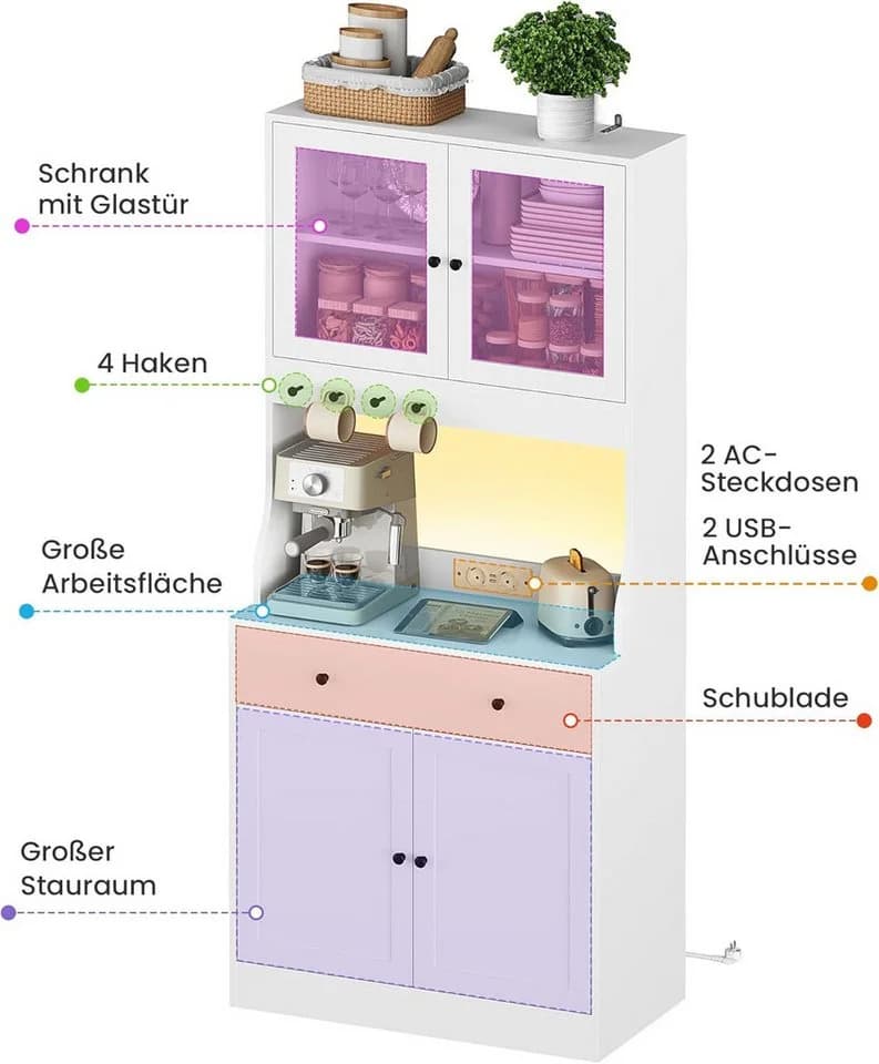MSMASK Küchenbuffet Küchenschrank Hochschrank mit Schublade und LED Weiß - Bild 4