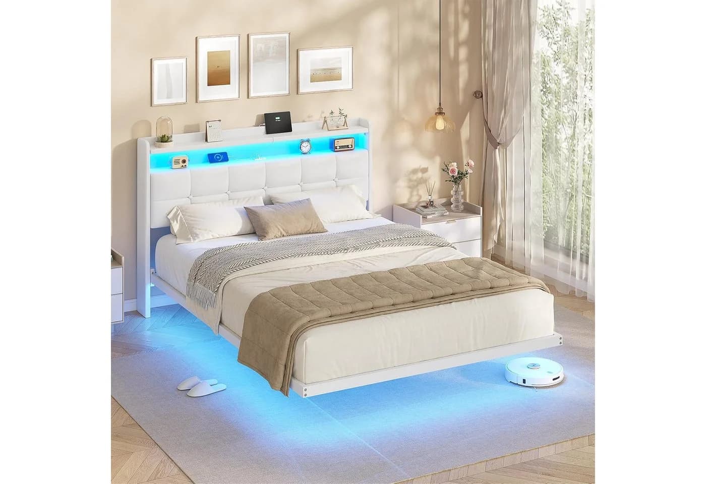 MSMASK Polsterbett Bettrahmen mit LED-Beleuchtung und Ladestation Weiß - Bild 2