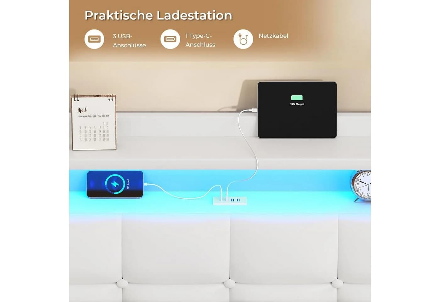 MSMASK Polsterbett Bettrahmen mit LED-Beleuchtung und Ladestation Weiß - Bild 3