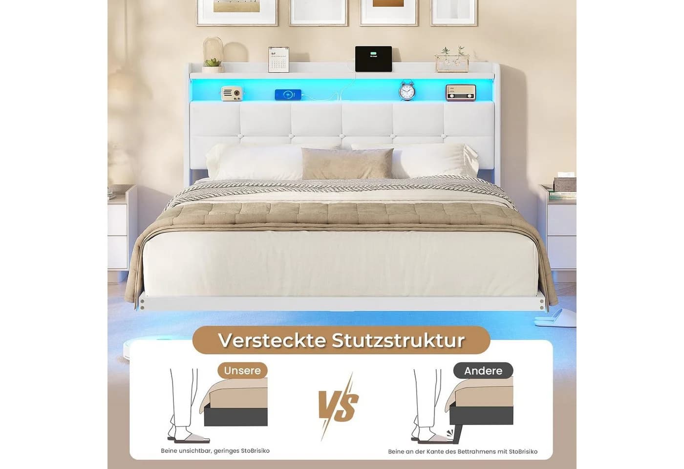 MSMASK Polsterbett Bettrahmen mit LED-Beleuchtung und Ladestation Weiß - Bild 4