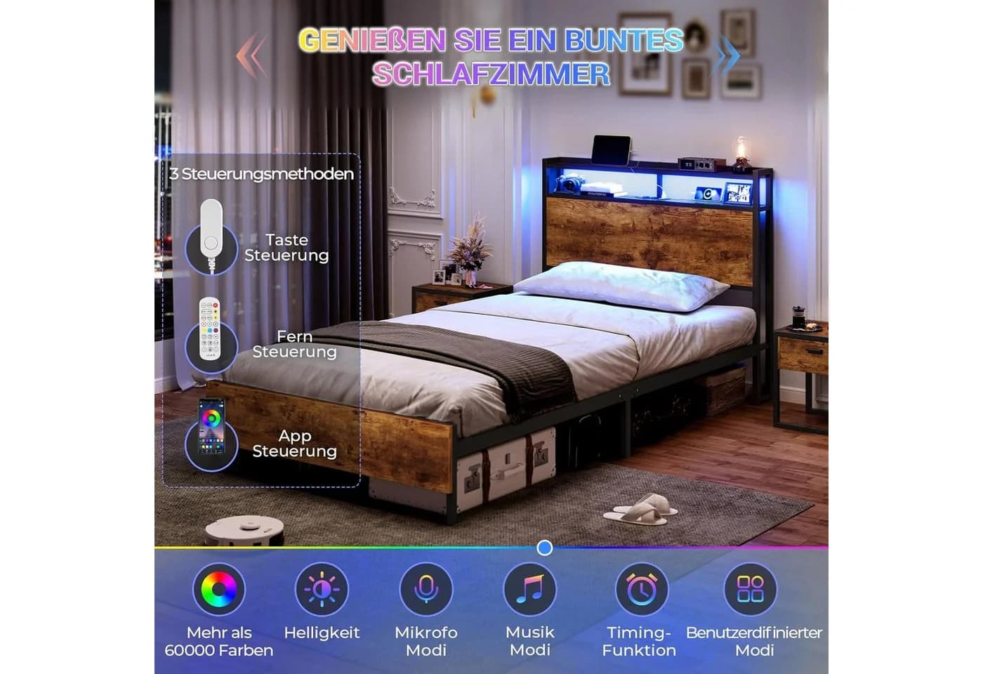 MSMASK Metallbett mit LED-Beleuchtung, USB-Ladefunktion und Stauraum, Braun