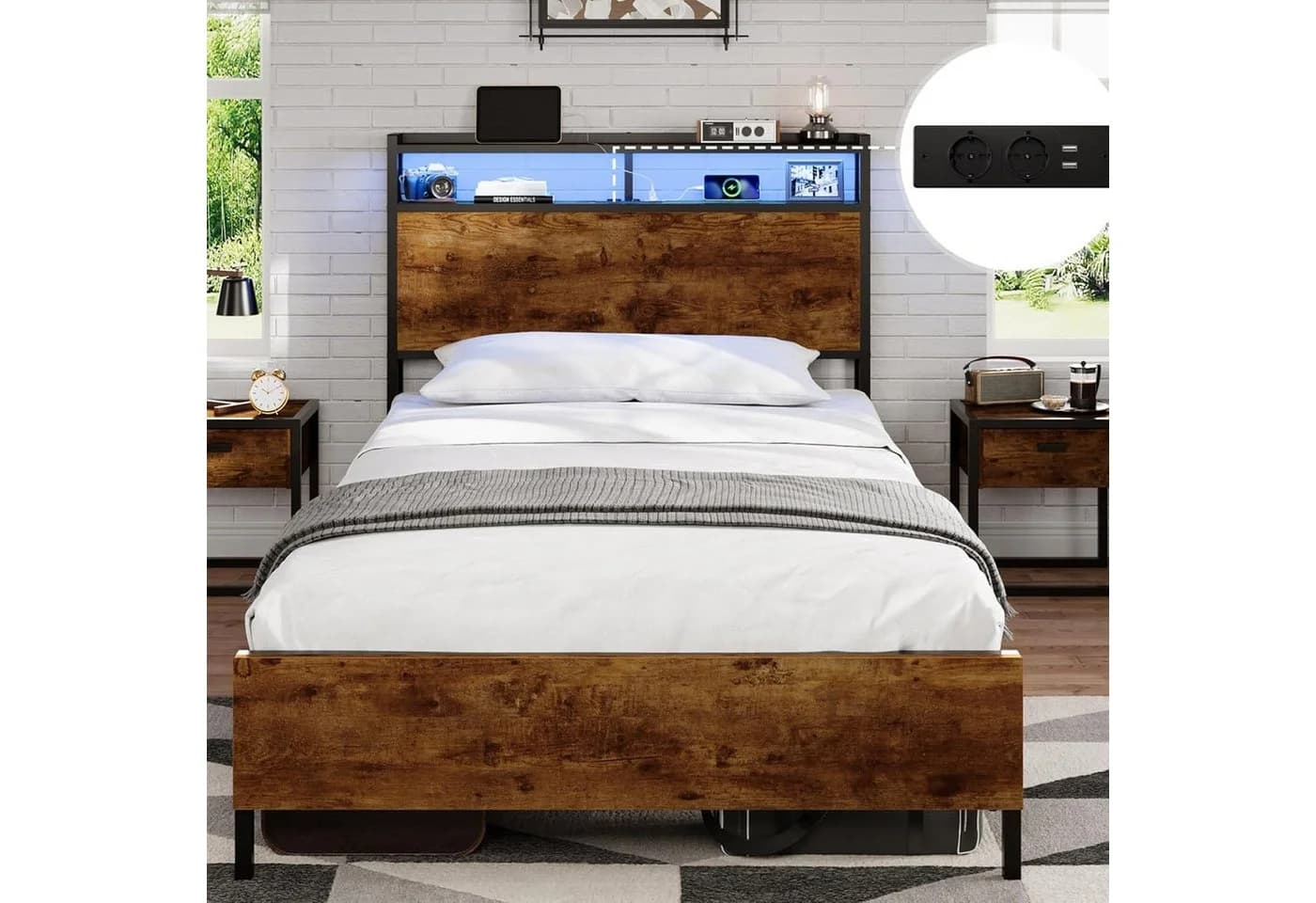 MSMASK Metallbett mit LED-Beleuchtung, USB-Ladefunktion und Stauraum, Braun - Bild 2