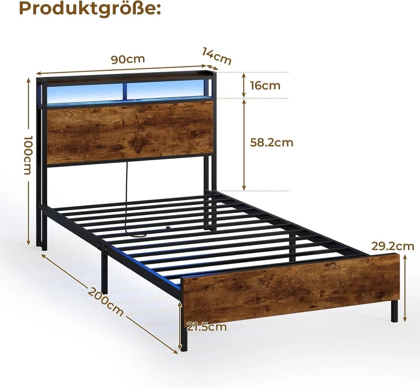 MSMASK Metallbett mit LED-Beleuchtung, USB-Ladefunktion und Stauraum, Braun - Bild 3