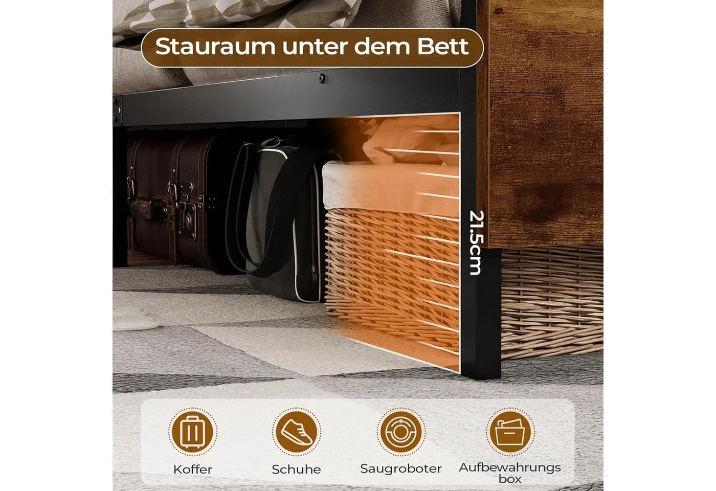 MSMASK Metallbett mit LED-Beleuchtung, USB-Ladefunktion und Stauraum, Braun - Bild 5