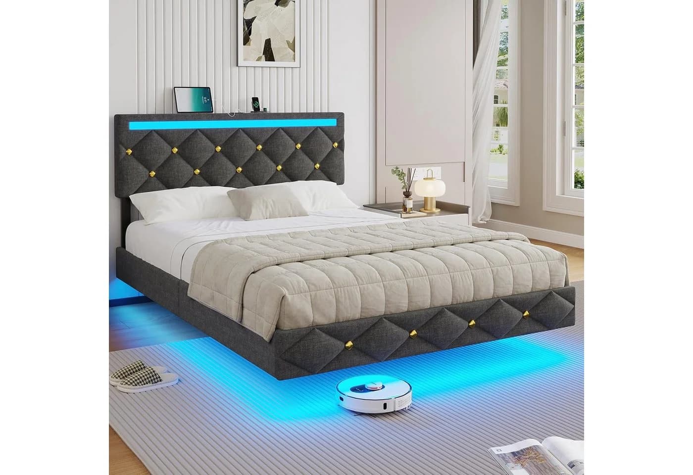 MSMASK Polsterbett mit USB-Ladestation und LED-Beleuchtung Grau