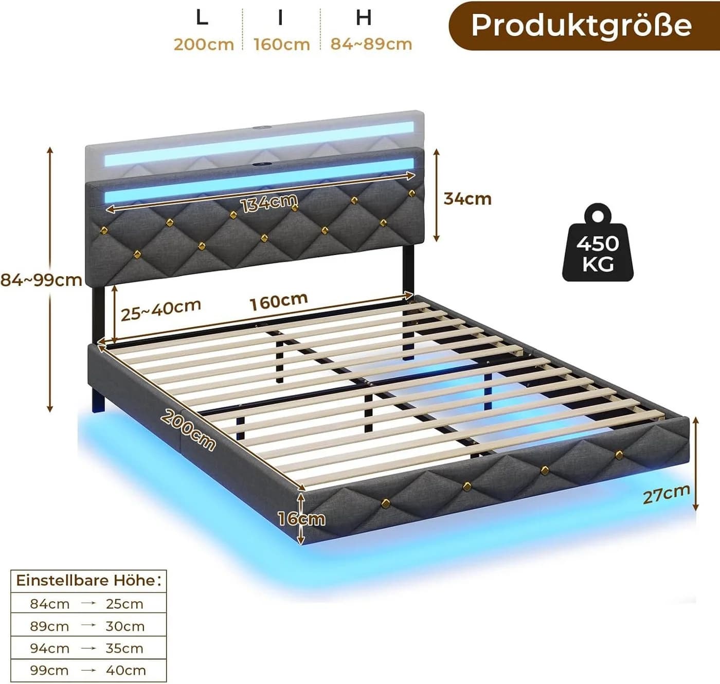 MSMASK Polsterbett mit USB-Ladestation und LED-Beleuchtung Grau - Bild 3