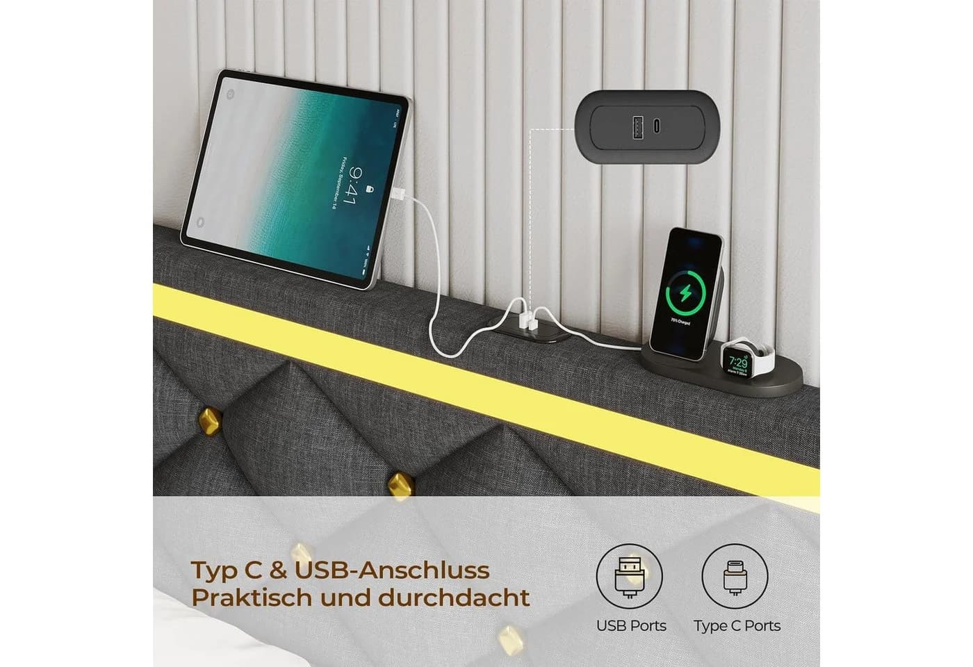 MSMASK Polsterbett mit USB-Ladestation und LED-Beleuchtung Grau - Bild 5
