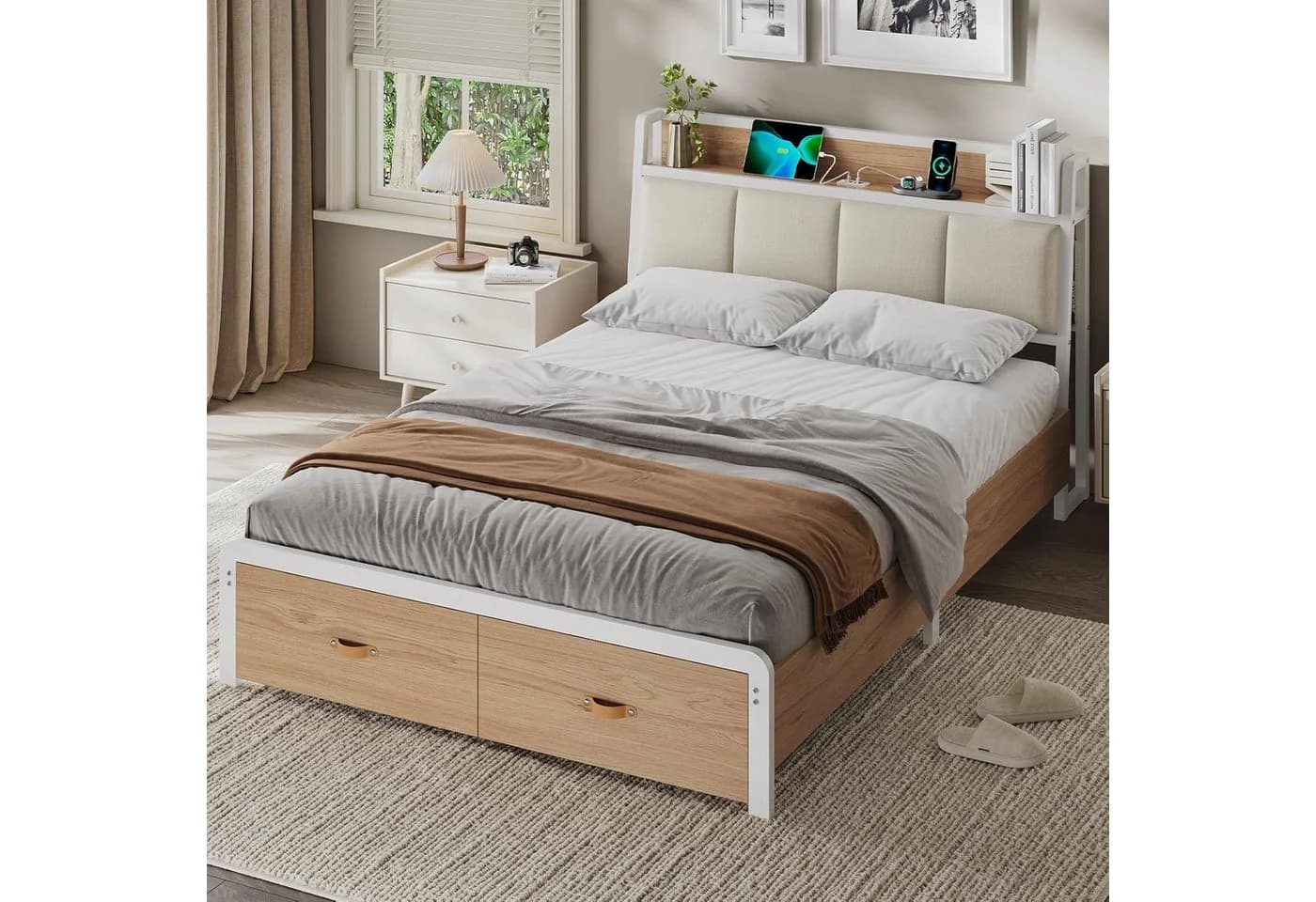 KIMENICH Metallbett Bettgestell mit Ladestation und 2 Schubladen, Jugendbett 140x190cm, Weiß - Bild 2