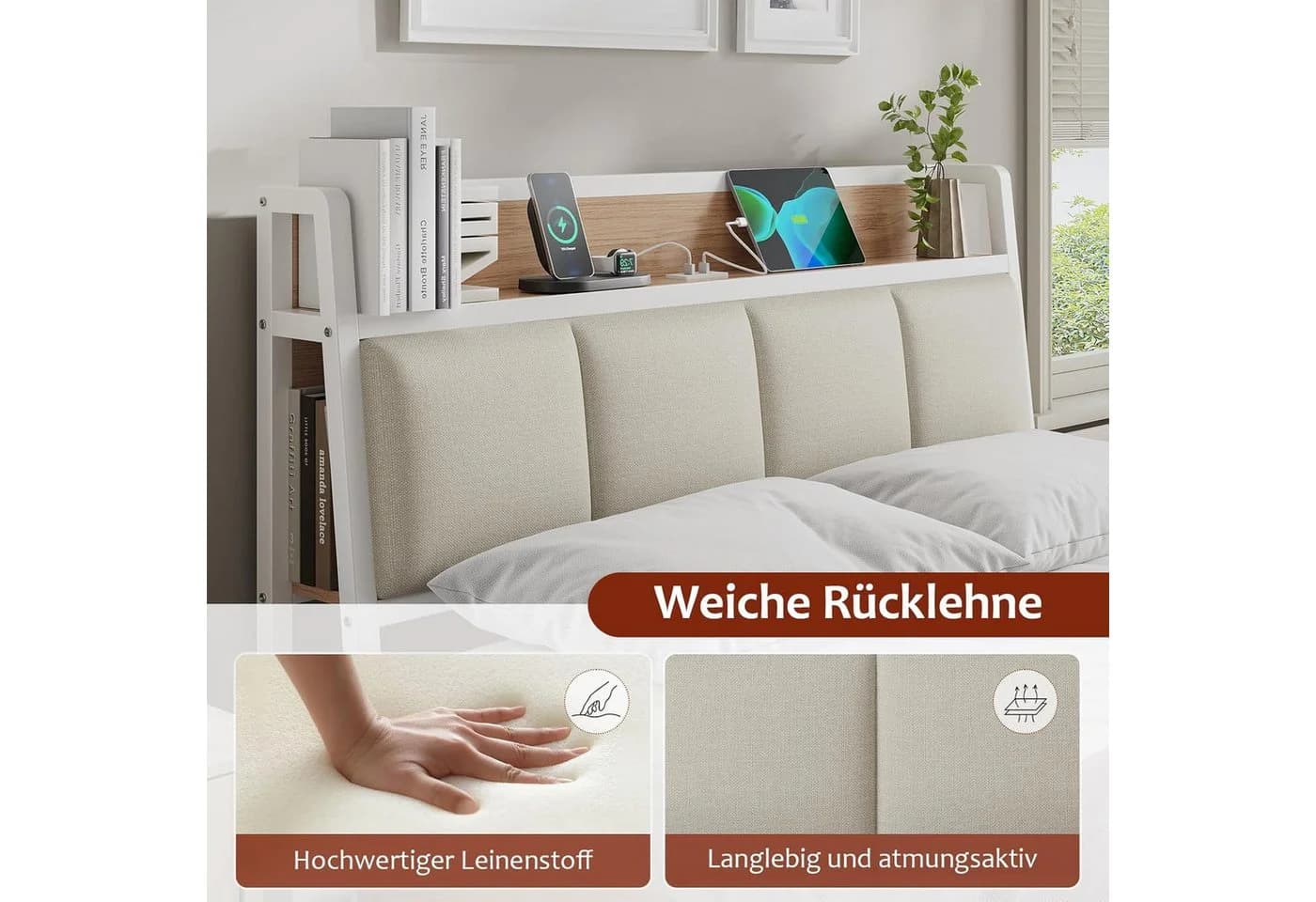 KIMENICH Metallbett Bettgestell mit Ladestation und 2 Schubladen, Jugendbett 140x190cm, Weiß - Bild 4