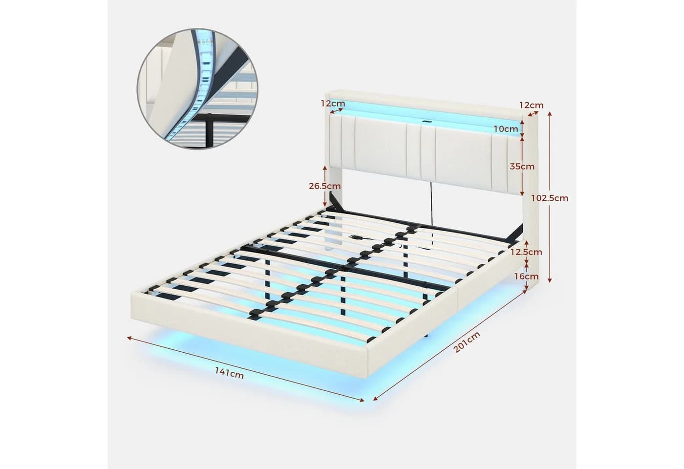 MSMASK Bettgestell 140x200cm Bettrahmen mit LED-Beleuchtung PU Weiß - Bild 3
