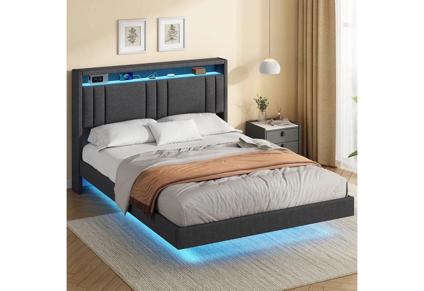 KIMENICH Polsterbett RGB LED-Beleuchtung Kopfteil Stauraum USB-C Ladestation