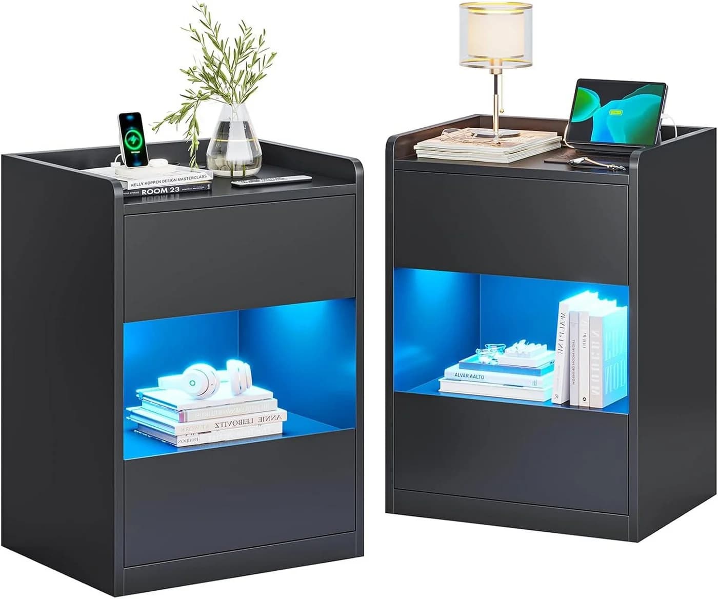 MSMASK Nachttisch LED-Beleuchtung Ladestation 40x35x60cm Schwarz/Weiß - Bild 2