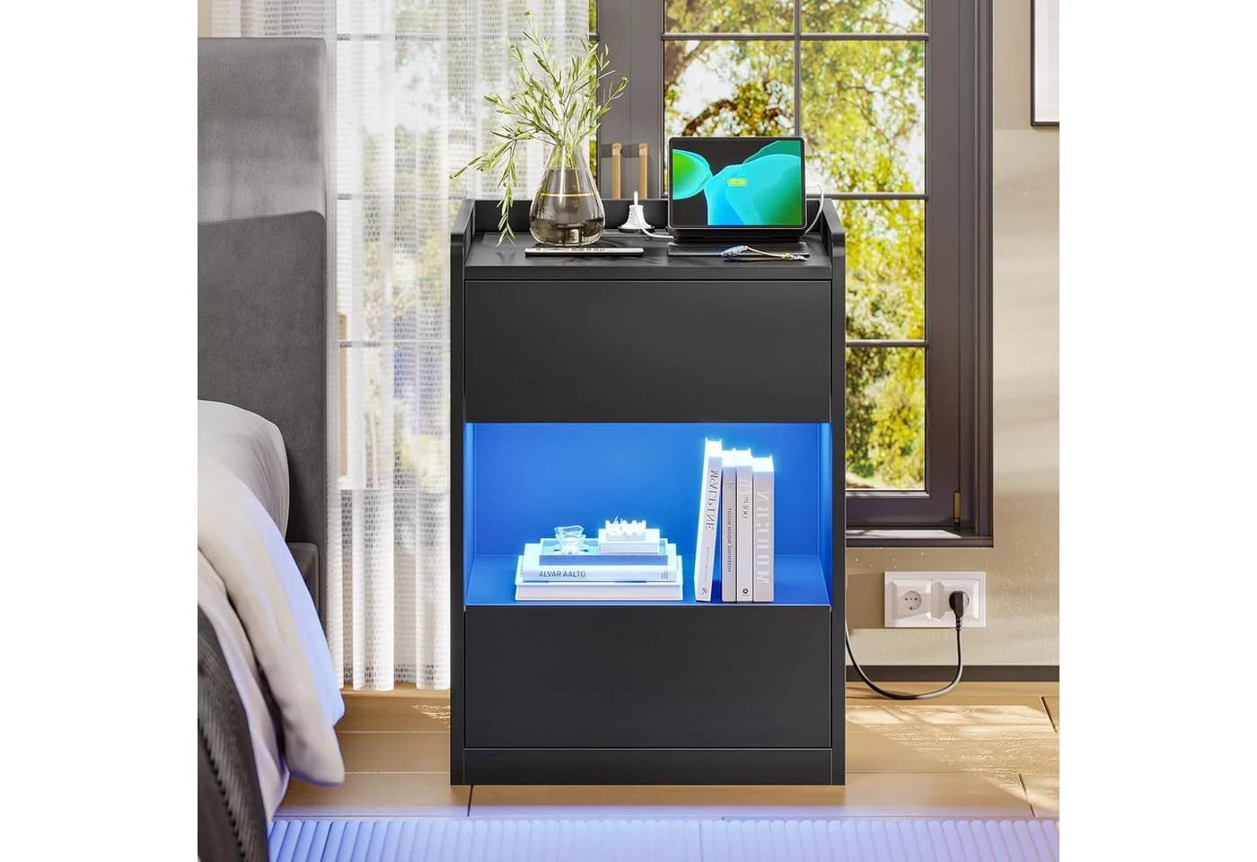 MSMASK Nachttisch LED-Beleuchtung Ladestation 40x35x60cm Schwarz/Weiß - Bild 3