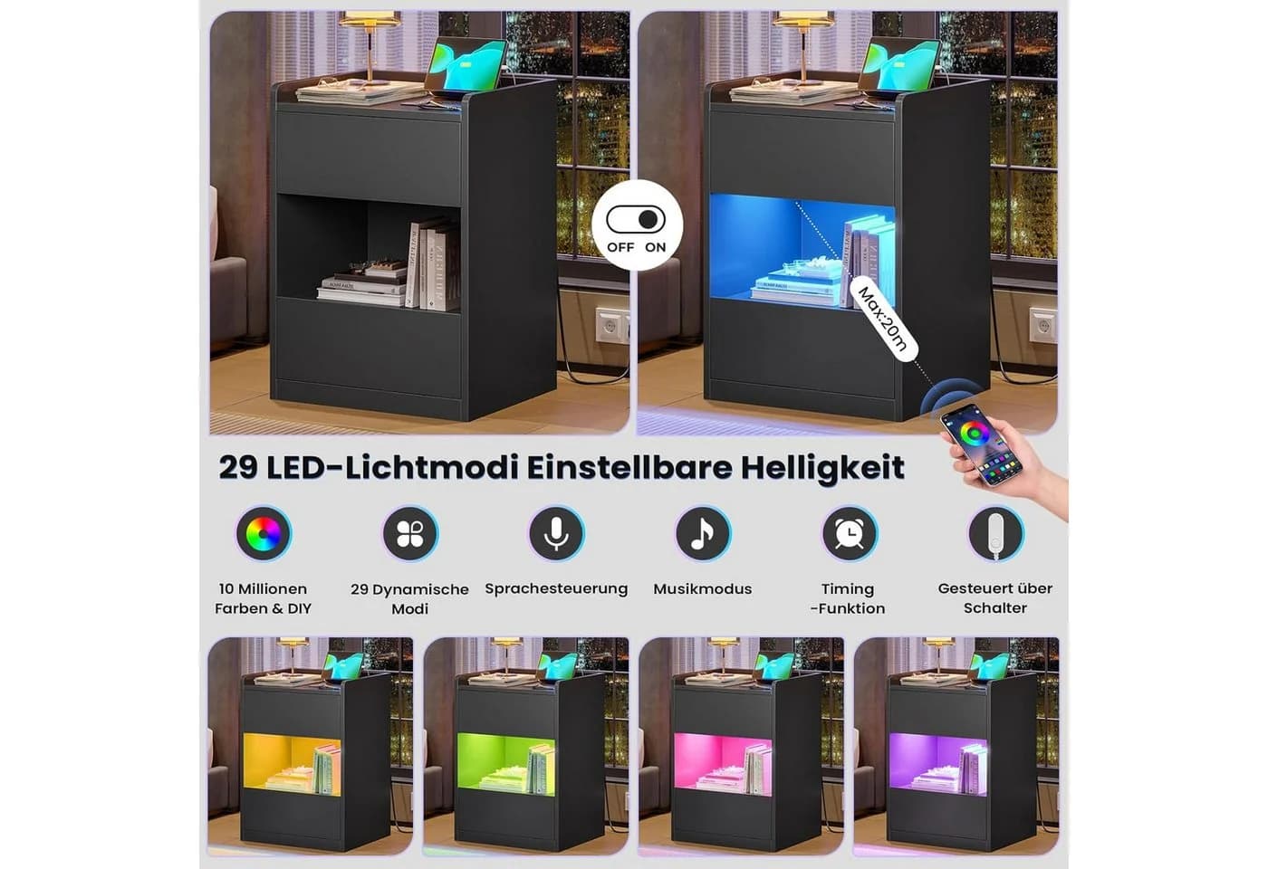 MSMASK Nachttisch LED-Beleuchtung Ladestation 40x35x60cm Schwarz/Weiß - Bild 5