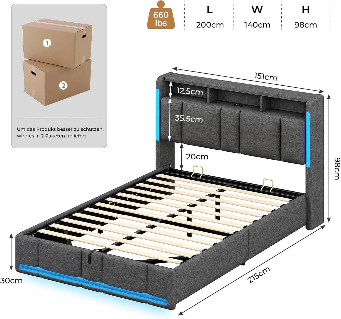 MSMASK Polsterbett 150x215 cm Dunkelgrau mit Stauraum und LED Beleuchtung - Bild 3